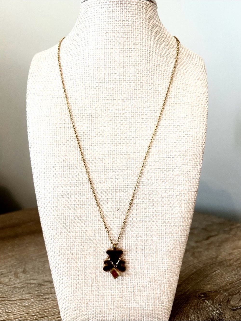 LV Fashion Gold-tone Enamel Teddy Pendant Necklace - Black & Red